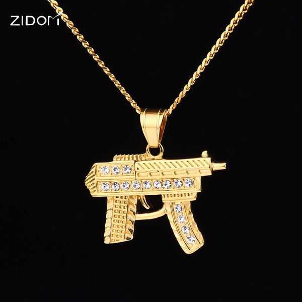 

gold men hiphop submachine gun pendant necklaces stainless steel 20-24inch long cuban chain fashion necklace men hip hop jewelry, Silver