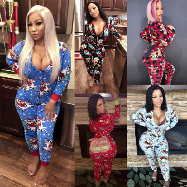 

womens designer rompers girls christmas fun pattern santa print zipper jumpsuit fashion novelty trend tight paints 2019 winter new style, Black;white