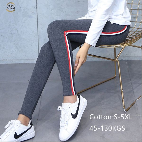 

quality high cotton leggings side stripes women casual legging pants high waist fitness leggings plump female plus size 5xl, Black