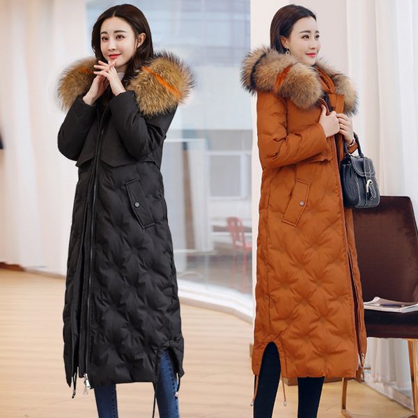 

new fashion hooded large fur collar white duck down winter jacket women long parka femme hiver warm women down jacket c5152, Black
