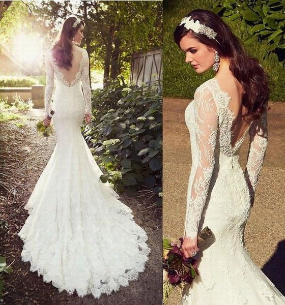 

2020 mermaid lace wedding dresses sheer long sleeves appliqued scoop neckline long train vintage bridal gowns vestidos de novia, White