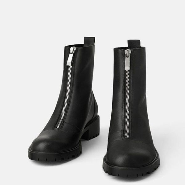 

new autumn and winter patent leather boots thick ankle boots ankle elastic bare boots.round head zipper, Black
