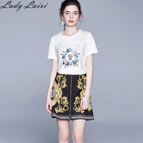 

two piece dress 2021 summer runway vintage print 2 set women white tshirt and mini skirt casual outfit