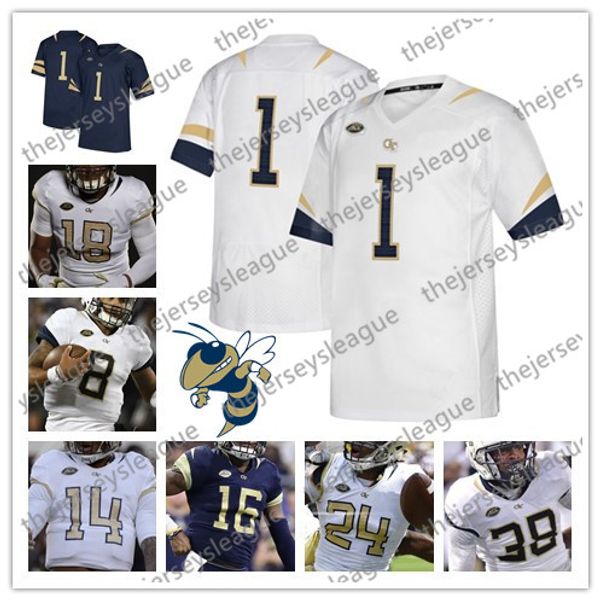 

georgia tech yellow jackets 2019 custom any number name stitched white navy blue #8 tobias oliver 16 taquon marshall ncaa football jersey, Black