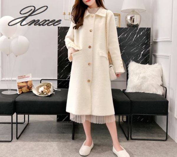 

2019 new spring and autumn women's double-sided coat woolen coat suit collar solid color long section woolen winter xnxee, Black