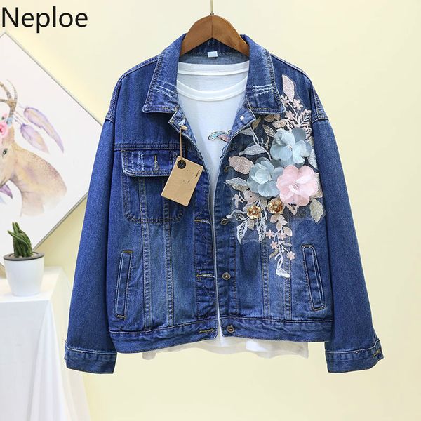 

neploe fashion harajuku floral embroidery jean jackets 2019 korean slim basic coat long sleeve frayed student denim jacket 90200, Black;brown