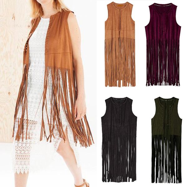 

women autumn winter suede ethnic sleeveless tassels fringed vest cardigan women vest 2018 new sleeveless leather jacket, Black;white