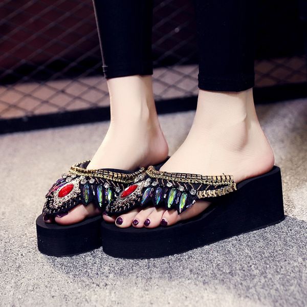 

youyedian women slippers summer wedges bohemian flip flops woman casual shoes 2019 platfrom female beach slippers, Black