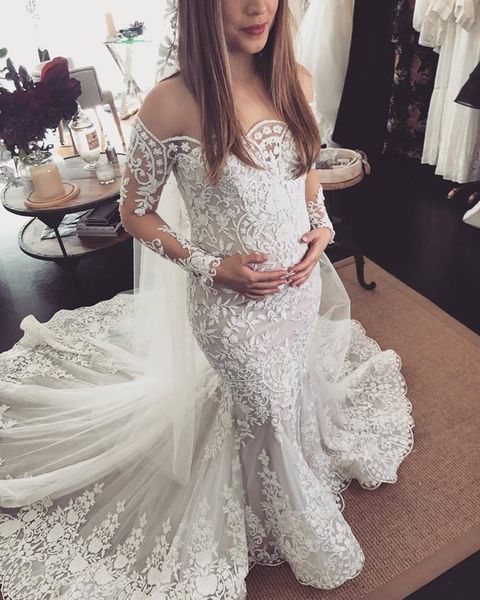 

gorgeous long sleeve mermaid wedding dress off the shoulder full lace bridal gowns saudi arabia court train garden wedding dresses, White