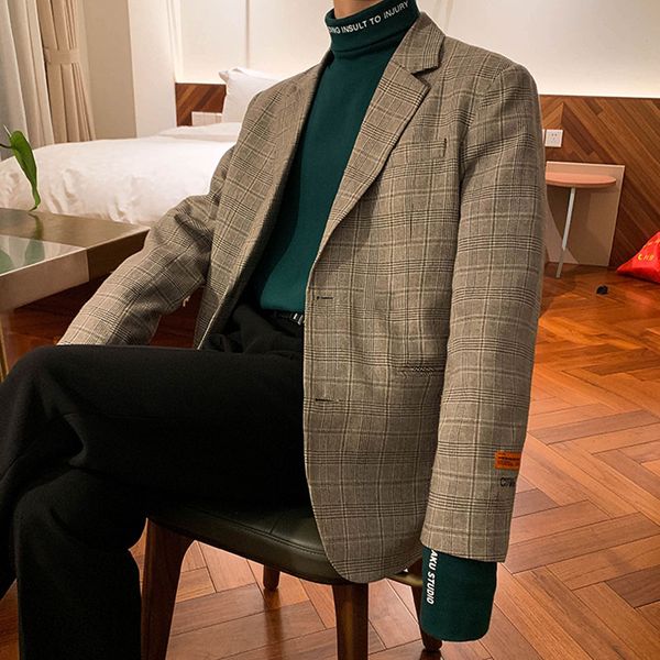 

men japan korea style vintage casual plaid suit coat outerwear male streetwear hip hop blazer jacket overcoat, White;black