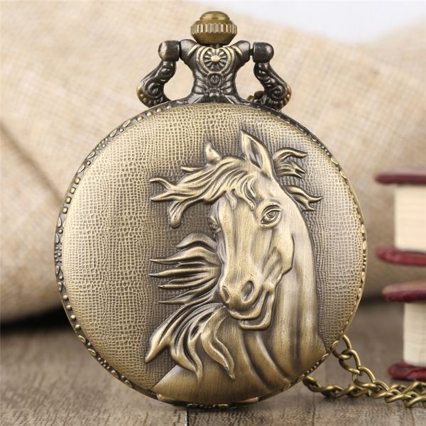 Bronze Vintage Running Horse Muster Unisex Taschenuhr Damen Herren Quarz Analog Uhren Halskette Kette Zeitmesser Geschenke Kollektion