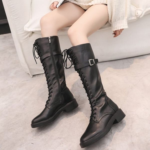 

long boots female high leg boot knee-high boots qian xi dai wild lace-up, Black