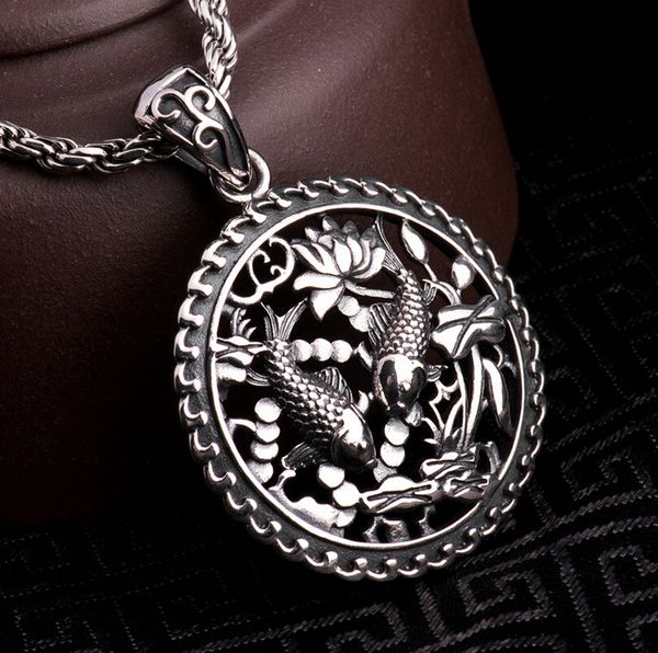

retro thai silver round carved lotus and fish pendant 925 sterling silver new year harvest pendant silver lotus pendant