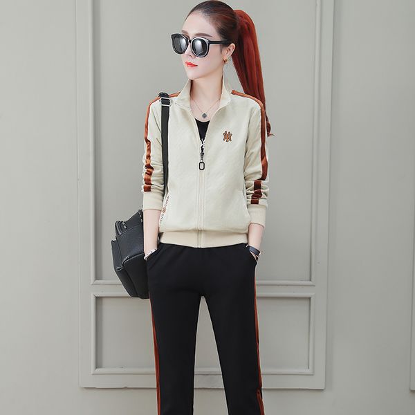 

casual sports suits women 3 pieces sets 7a2051 spring fall women workout clothes long sleeve jackets with full zipper+t shirt+ joggers pants, Gray