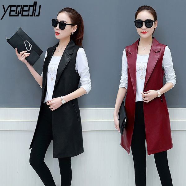 

#0713 spring faux leather blazer vest womens long slim fit waistcoat plus size 3xl pu sleeveless jacket suit vest woman elegant, Black;white