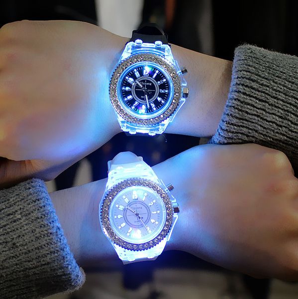 

led flash luminous watch personality trends students lovers jellies woman men's watches 7 color light wristwatch bayan kol saati, Slivery;brown