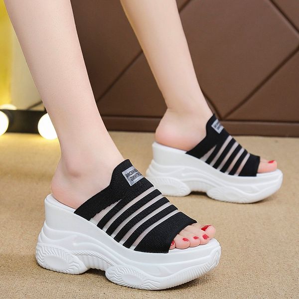 

shoes woman 2020 woman's slippers women heels on a wedge platform slides new high soft cotton fabric wedges, Black