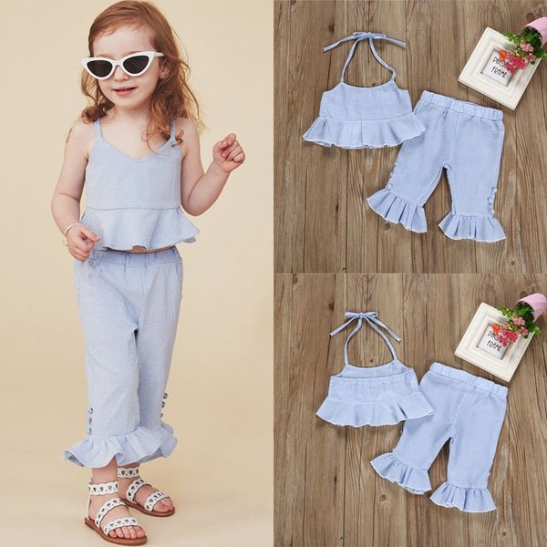

summer toddler kids baby girl clothes set beach striped ruffle crop +flared pants 2 pcs cute children clothing outfits set jy308, White
