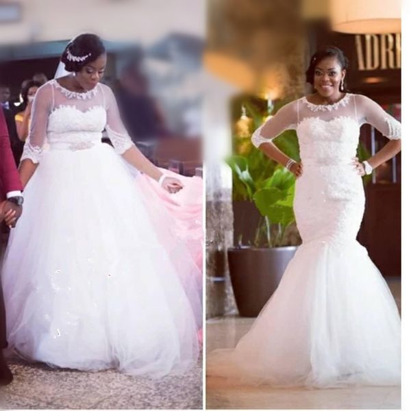 

Lace Plus Size Mermaid Wedding Dresses 2019 with 3/4 Long Sleeves African Wedding Gown Courtl Train White Tulle Bridal Gowns