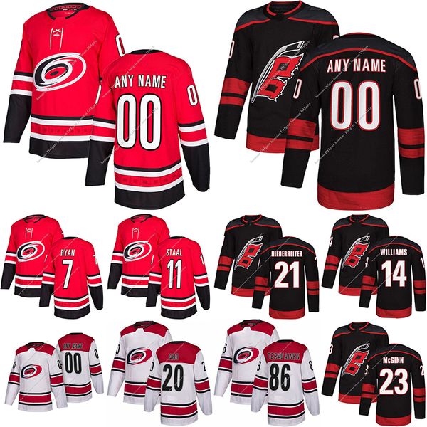 

season carolina hurricanes jerseys 20 sebastian aho 86 teuvo teravainen 14 justin williams 11 staal custom any number any name hockey jersey, Black;red