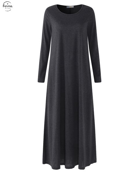 

plus size women maxi long bodycon dress spring o neck long sleeve party dresses casual loose solid pockets dress spring vestidos, Black;gray