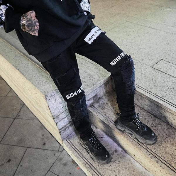 

черные джинсы рваные печатных молния дизайнер приталенный fit брюки-карандаш представляет tkpa мужские хип-хоп, Blue