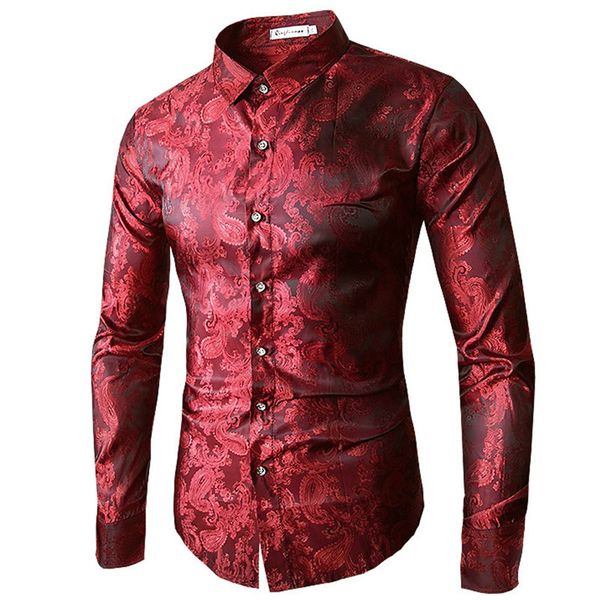 

2019 red gold purple blue men's embroidery dress shirt fashion slim wedding party bussiness male long sleeve shirts, White;black