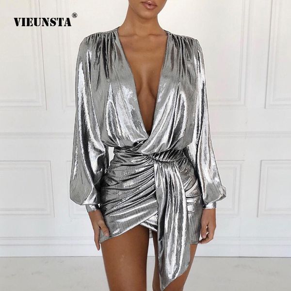 

vieunsta 2xl deep v-neck cross bandage bronzing dress women spring long sleeve ruched bodycon dresses irregular zippers dress, Black;gray