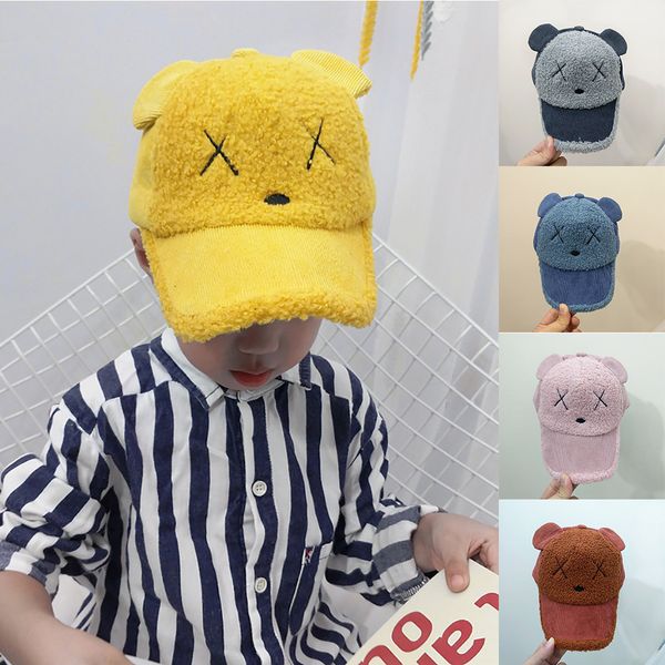 

fashion children cartoon bear hat baseball cap autumn and winter warm lettercap kids winter plush kawaii solid hat with a visor, Blue;gray