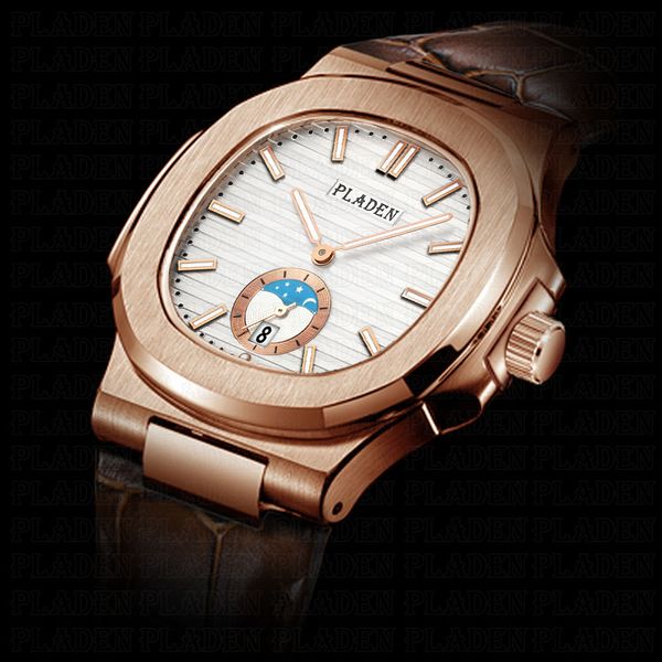 

pladen unique men's luxury big brand watch chronograph moon phase male watch golden swim geneva watches zegarek meski #pl1009, Slivery;brown