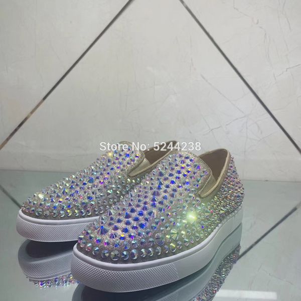 

low cut handmade silver glitter leather big crystal rivets prom loafers red bottom for men casual loafers flat shoes footwear, Black