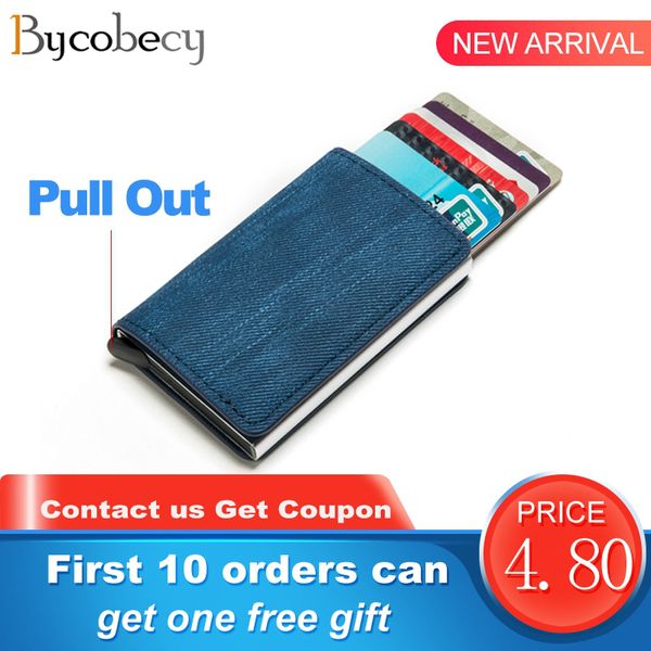 

bycobecy men's magic slim pull out wallet denim purse blocking card holder anti-theft clutch single box, Red;black