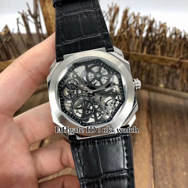 

new 41mm octo finissimo titanium case 102714bgo40tlxtsk automatic mens watch skeleton dial gray leather strap 102714 gents sportwatches, Slivery;brown