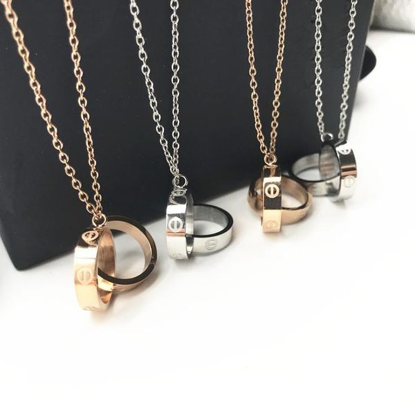 

double ring necklace women's fashion european and american 18k rose gold ring buckle pendant short clavicle chain set, Silver