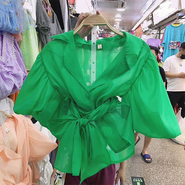 

summer blouse women 2020 summer new fashion loose bow strap waist shirt short sleeve puff sleeve sunscreen shirt fashion blusa, White