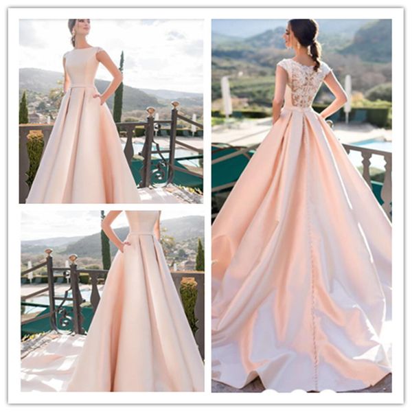 

2018 new modern atin blu h pink wedding dre e a line cap leeve ruched court train bridal gown lace applique with button back