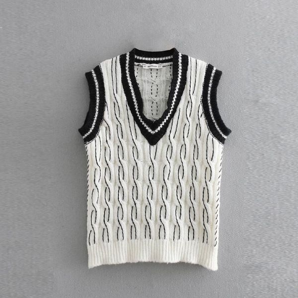 

my903 women v neck color black braid twist pattern sleeveless sweater casual knitted vest, Black;white