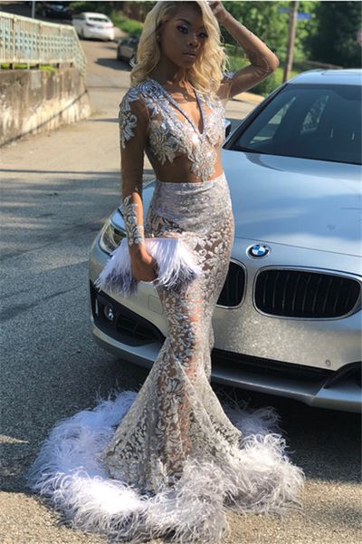 

Sexy Sliver See-Through Feather Mermaid Prom Dresses V-Neck Long-Sleeve Lace Appliques Evening Dresses Illusion Bodice Black Girl Party Wear