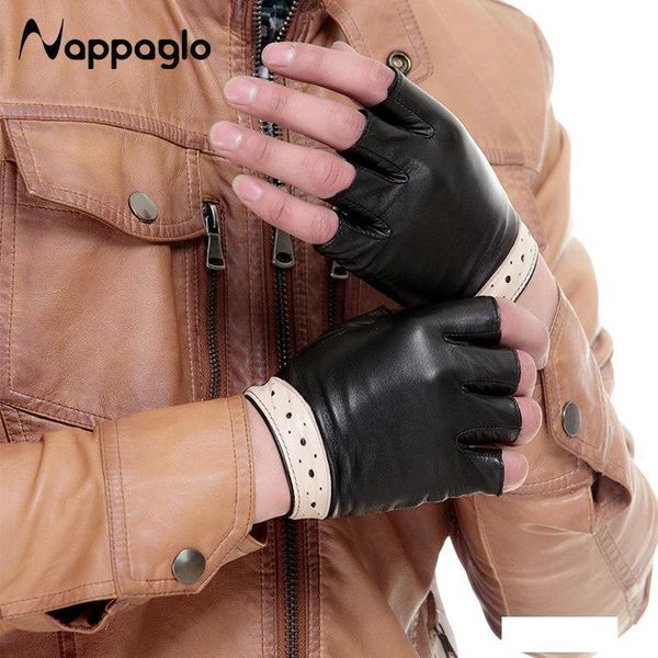 

wholesale- nappaglo spring lovers sheepskin gloves half finger hollow style genuine leather glove drive fingerless mittens driving mittens, Blue;gray