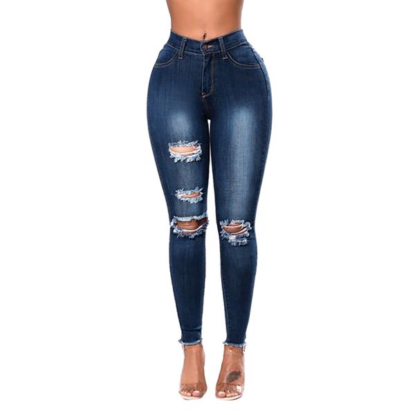 

chamsgend fashion women cotton hole jeans 2019 soild wild female mid waist stretch slim sexy pencil pant skinny casual pants fe6, Blue