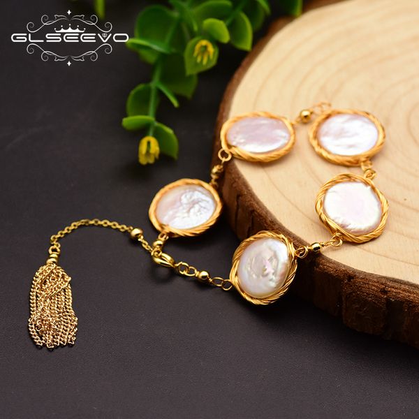 

glseevo original natural fresh water baroque flat pearl adjustable tassel bracelets for women gift fine jewelry bileklik gb0147, Black