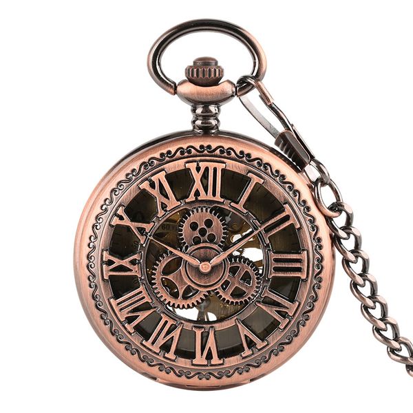 

black/silver red copper hollow gearwheel cover watches hand winding mechaincal pocket watch with 30cm chain skeleton dial men clock gifts, Slivery;golden