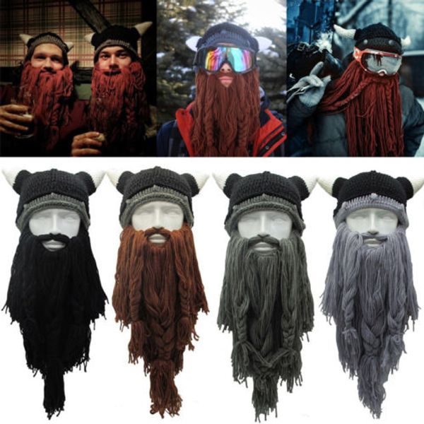 

2019 new barbarian winter crazy ski cap viking horn hat long beard beanie funny xmas gift