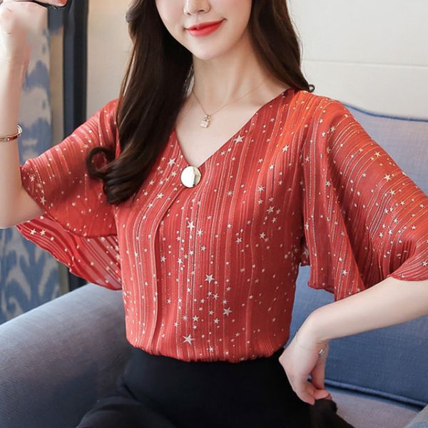 

плюс размер топ блуза женщины шифон мода 2019 printing шифон flare рукавом женская топы сыпучие плюс размер женщины блузка рубашки d644 30, White