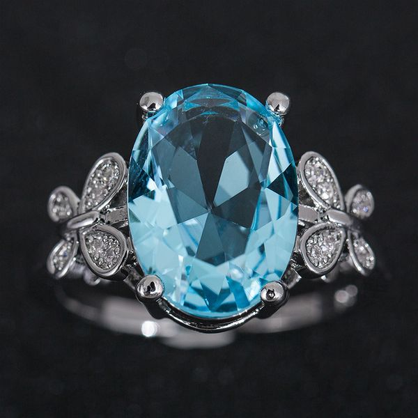 

fashion 925 silver jewelry ring oval blue zircon gems butterfly shaped ornaments rings for women wedding party gifts wholesale, Slivery;golden