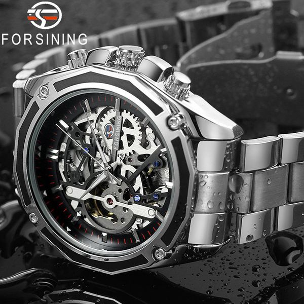 

forsining men watch stainless steel military sport wristwatch skeleton automatic mechanical male clock relogio masculino 0609 j190706, Slivery;brown