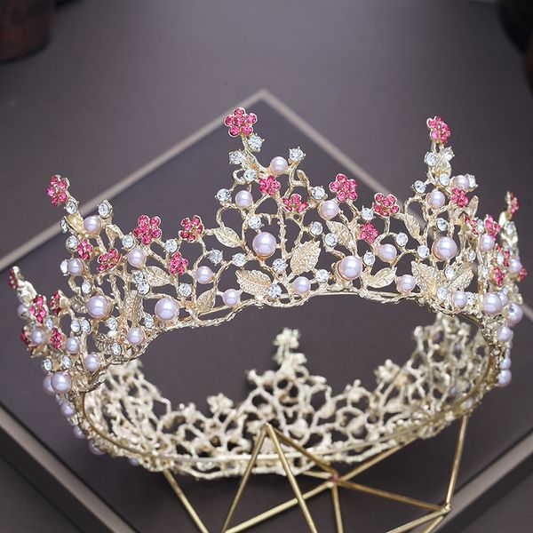 

pink crystal flower crown simulated pearl baroque round large tiara metal plant design fashion wedding bridal headdress ornament, Golden;white