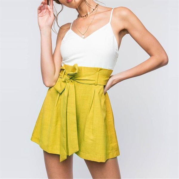 

women waist shorts belt bow wide leg casual summer short streetwear female clothes with pockets loose yellow blue ladies shorts, White;black