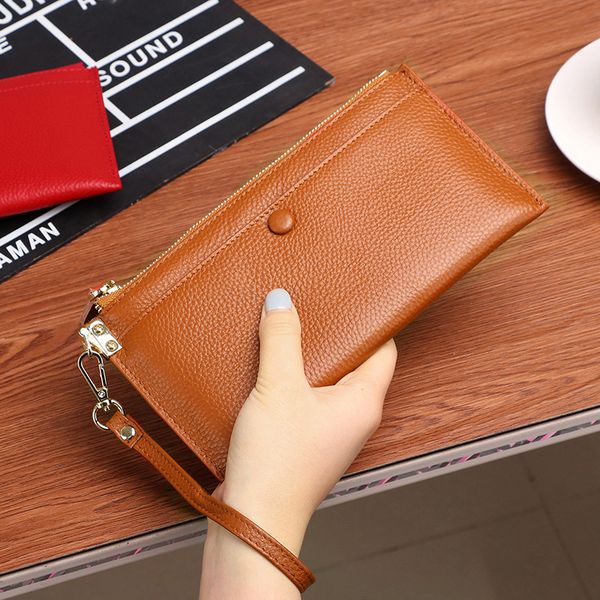 

2019 new headlayer cowhide wallet female long leather multifunctional simple zipper handbag, Red;black