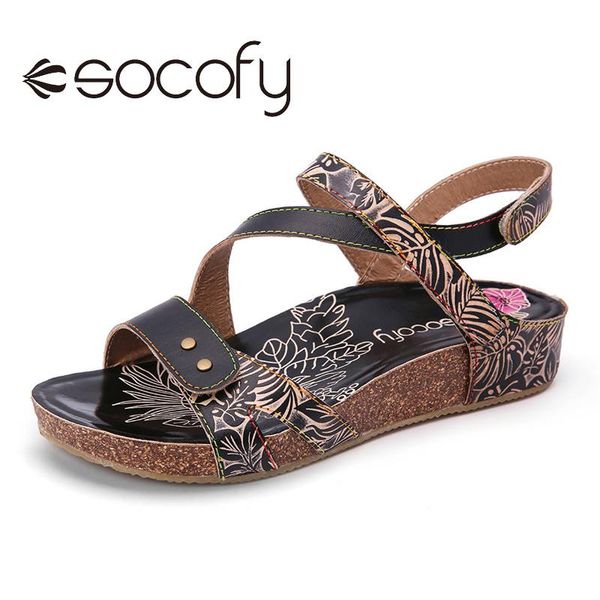 

socofy retro leather sandals flower hook loop slingback non-slip flat sandals women shoes botas mujer 2020, Black